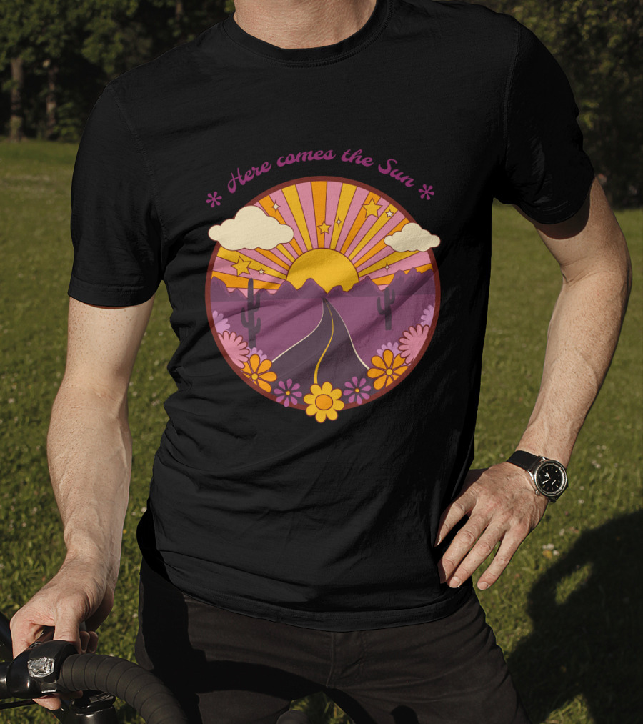 Here Comes The Sun Groovy Sunburst Desert Road With Flowers And Stars T-Shirt