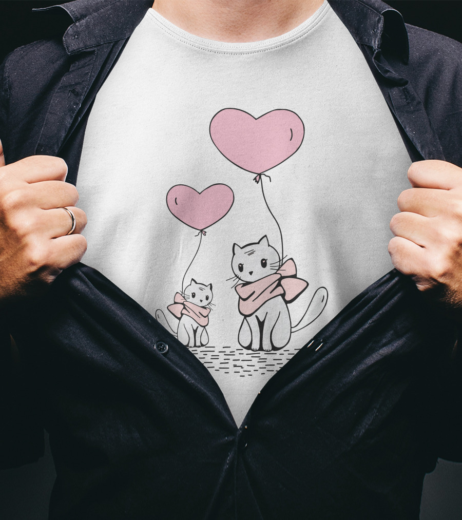Cute Cat Mom And Daughter With Heart Balloons T-Shirt