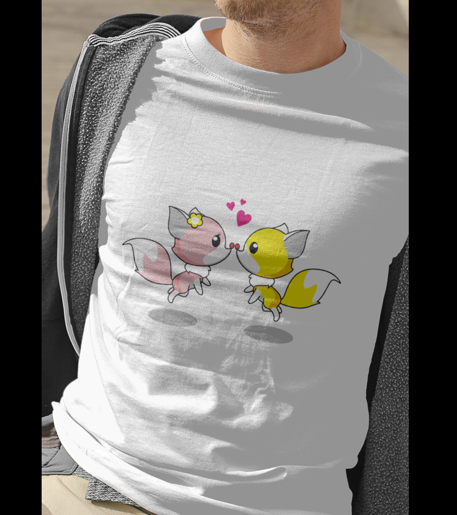 Cute Foxes In Love Kissing Hearts Blossom Yellow Pink Foxes T-Shirt