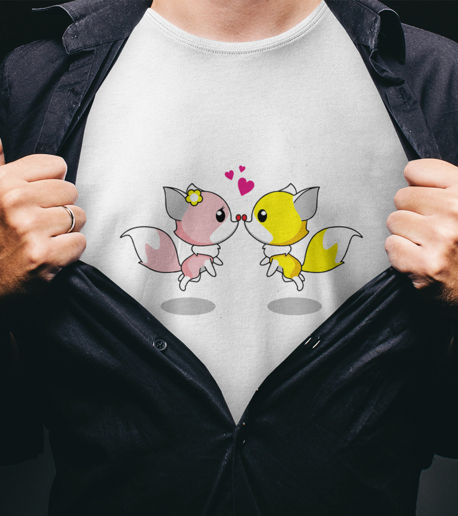 Cute Foxes In Love Kissing Hearts Blossom Yellow Pink Foxes T-Shirt