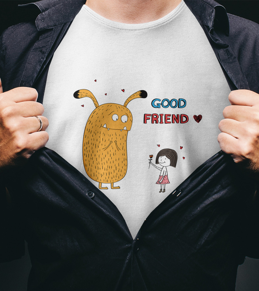 Good Friend Cute Monster And Girl With Hearts T-Shirt