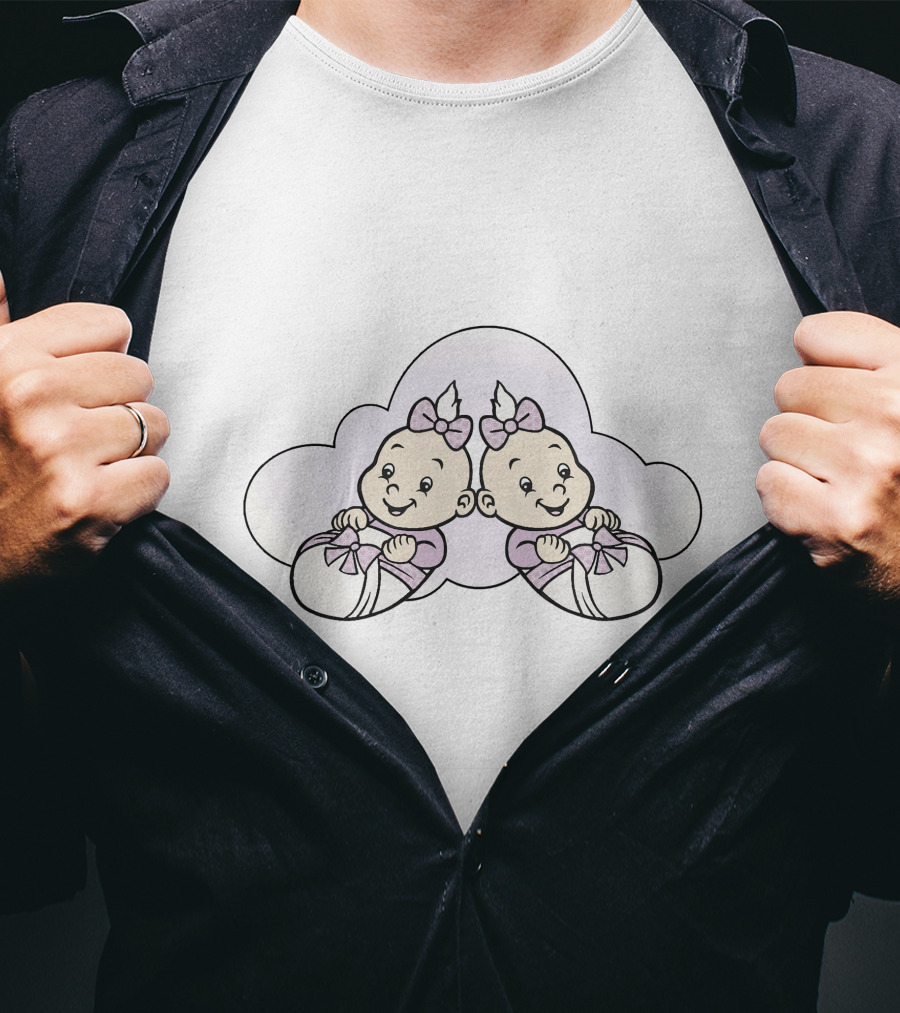Cute Twin Babies With Pink Bows In Soft Cloud T-Shirt