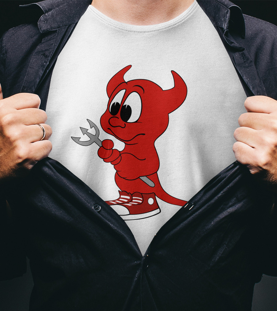 Devil In Sneakers Holding Pitch Fork Cartoon T-Shirt