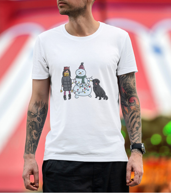 Premium T-Shirt: Girl with Yellow Scarf, Dog, and Snowman with Christmas Lights T-Shirt Girl with Yellow Scarf, Dog, and Snowman with Christmas Lights T-Shirt