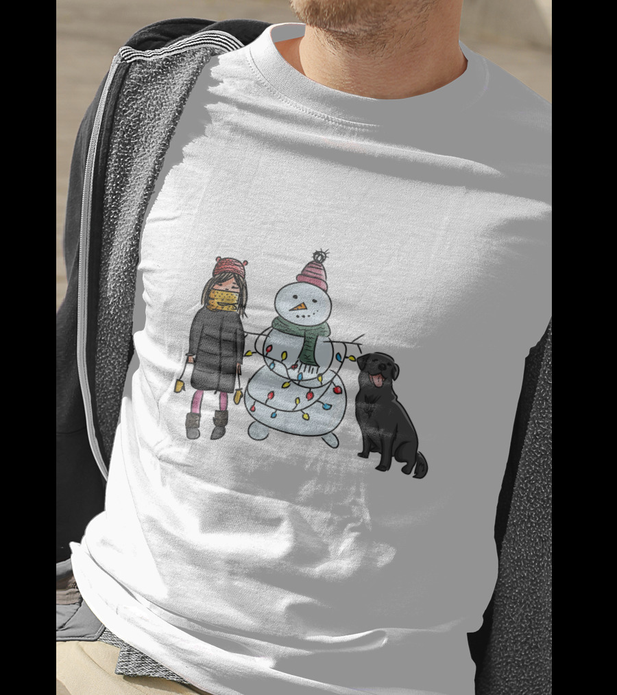 Girl With Yellow Scarf, Dog, And Snowman With Christmas Lights T-Shirt