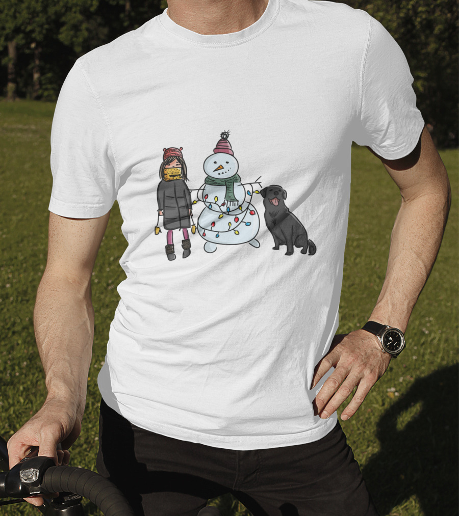 Girl With Yellow Scarf, Dog, And Snowman With Christmas Lights T-Shirt