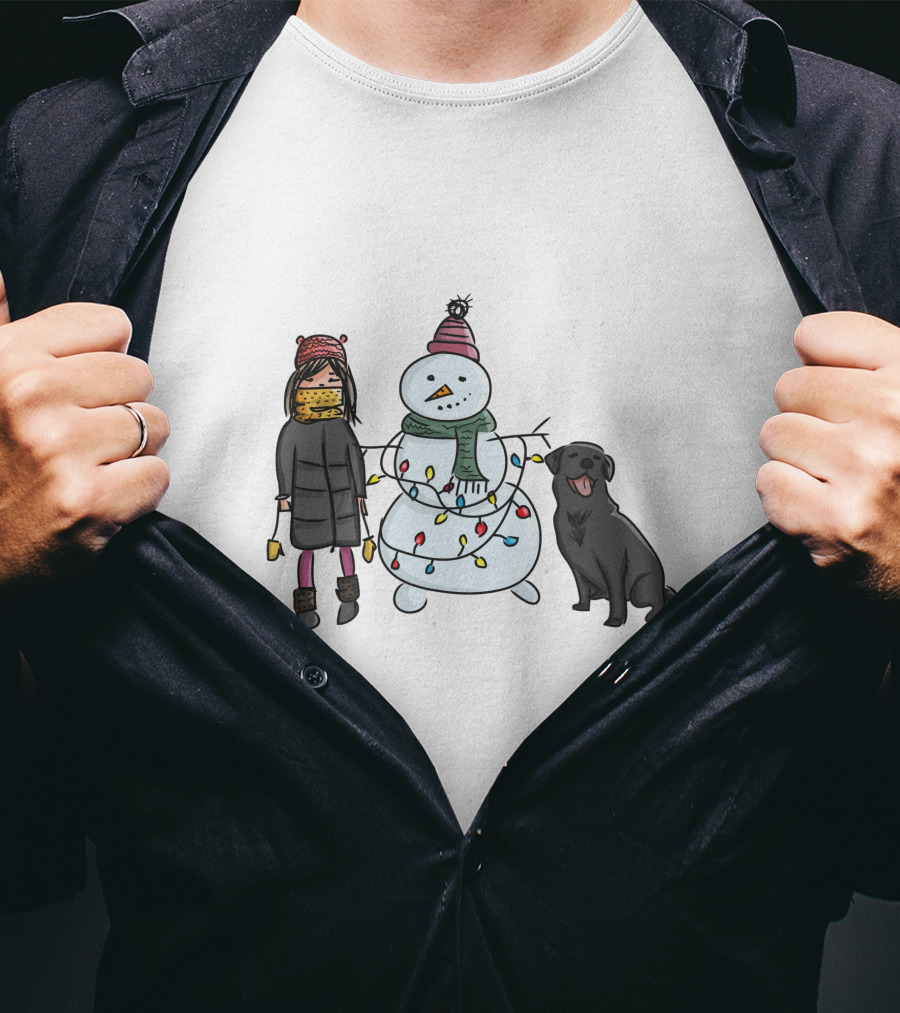 Girl With Yellow Scarf, Dog, And Snowman With Christmas Lights T-Shirt