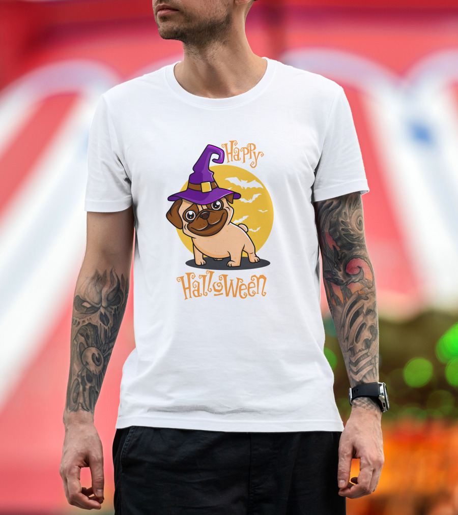 Happy Halloween Dog Witch Hat Full Moon Bats T-Shirt