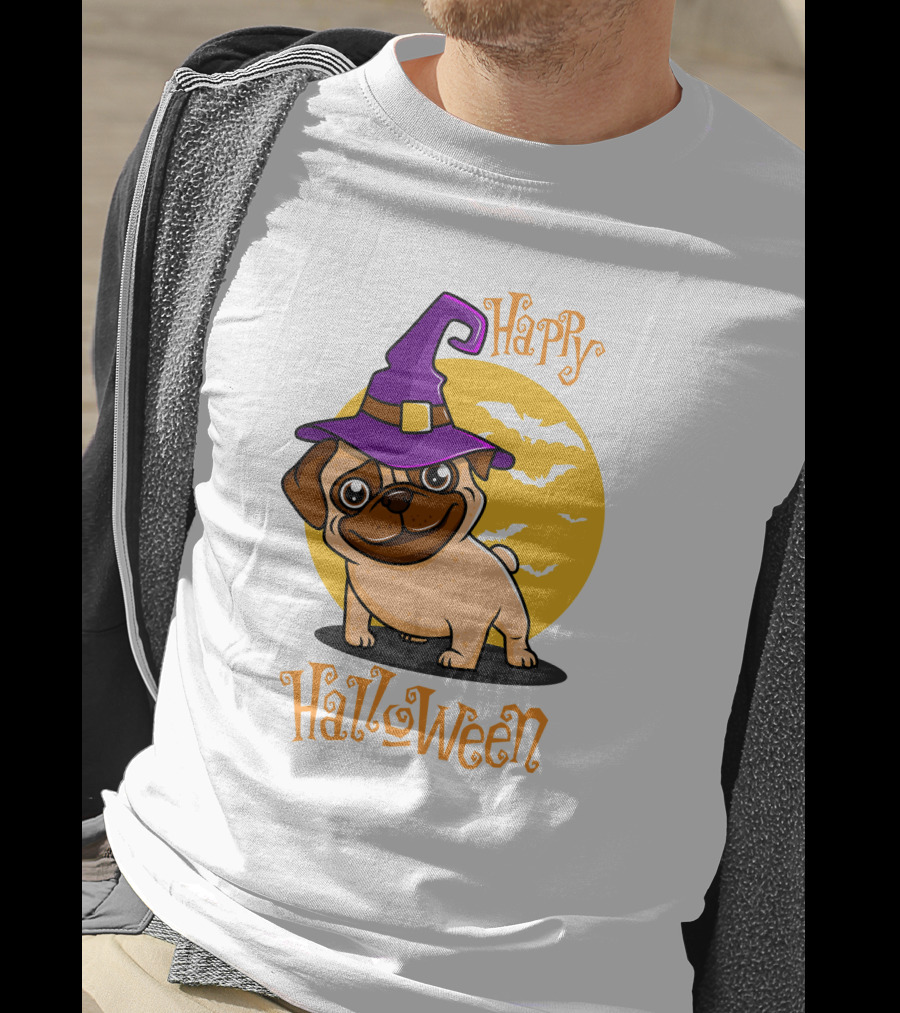 Happy Halloween Dog Witch Hat Full Moon Bats T-Shirt