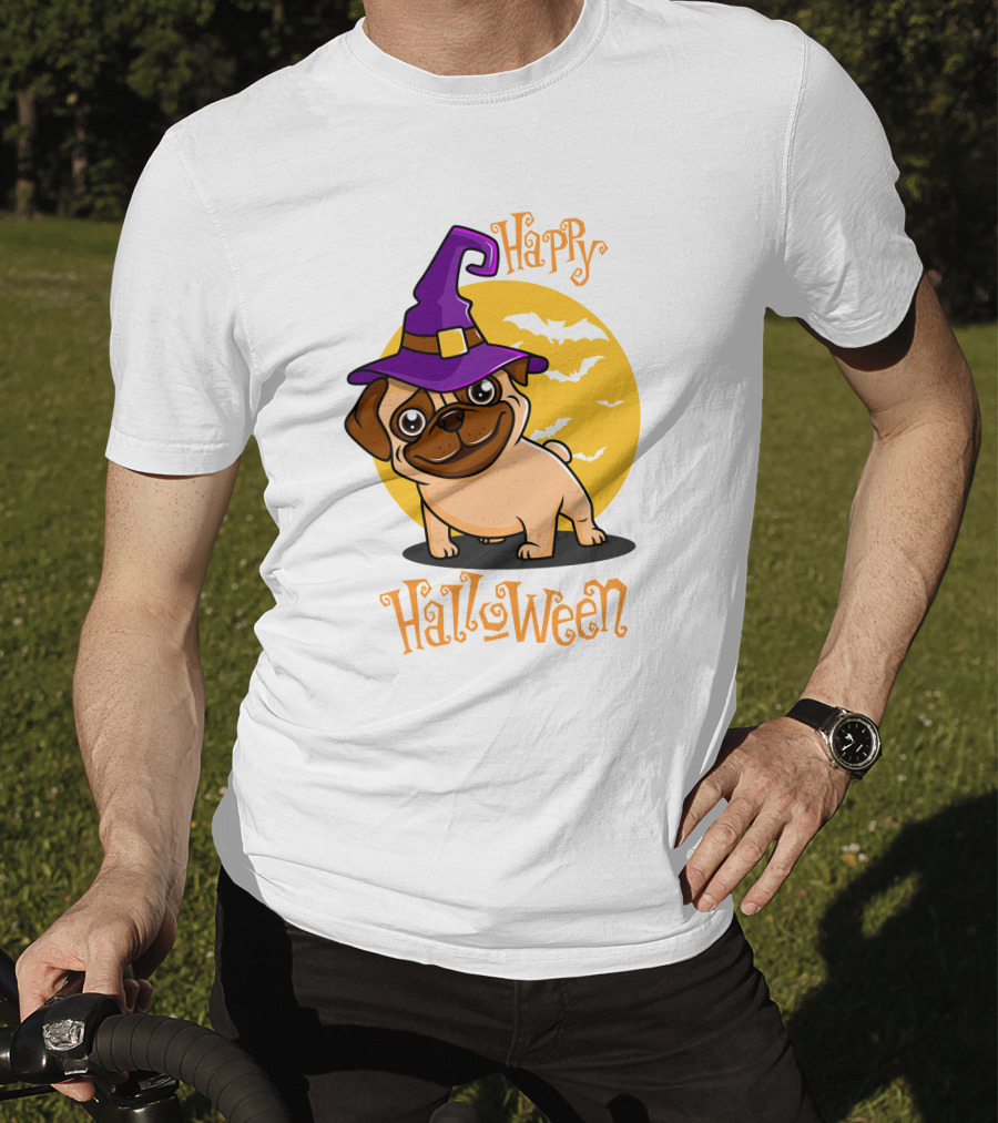 Happy Halloween Dog Witch Hat Full Moon Bats T-Shirt