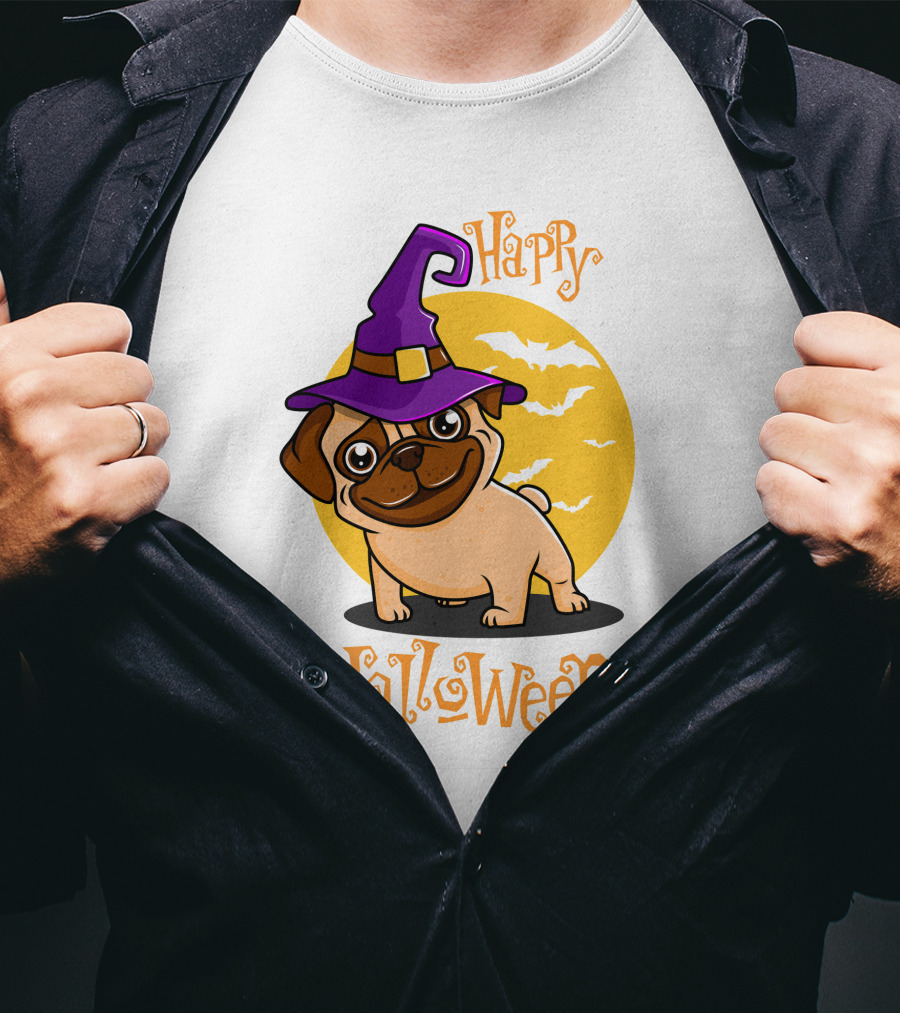 Happy Halloween Dog Witch Hat Full Moon Bats T-Shirt
