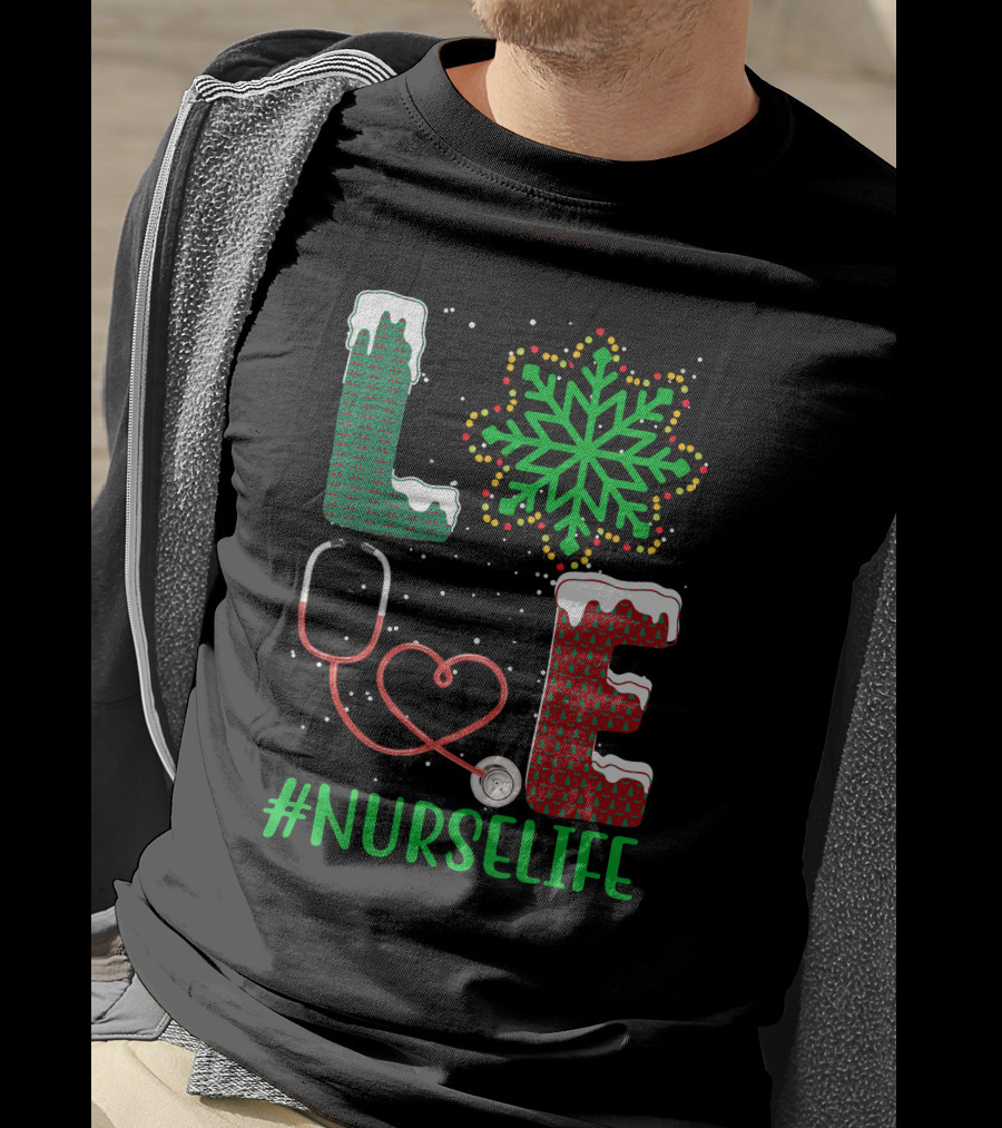 Love Christmas Snowflake Stethoscope #NURSELIFE T-Shirt