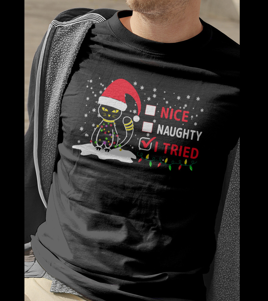 Nice Naughty Tried Christmas Cat Santa Hat Festive Lights T-Shirt