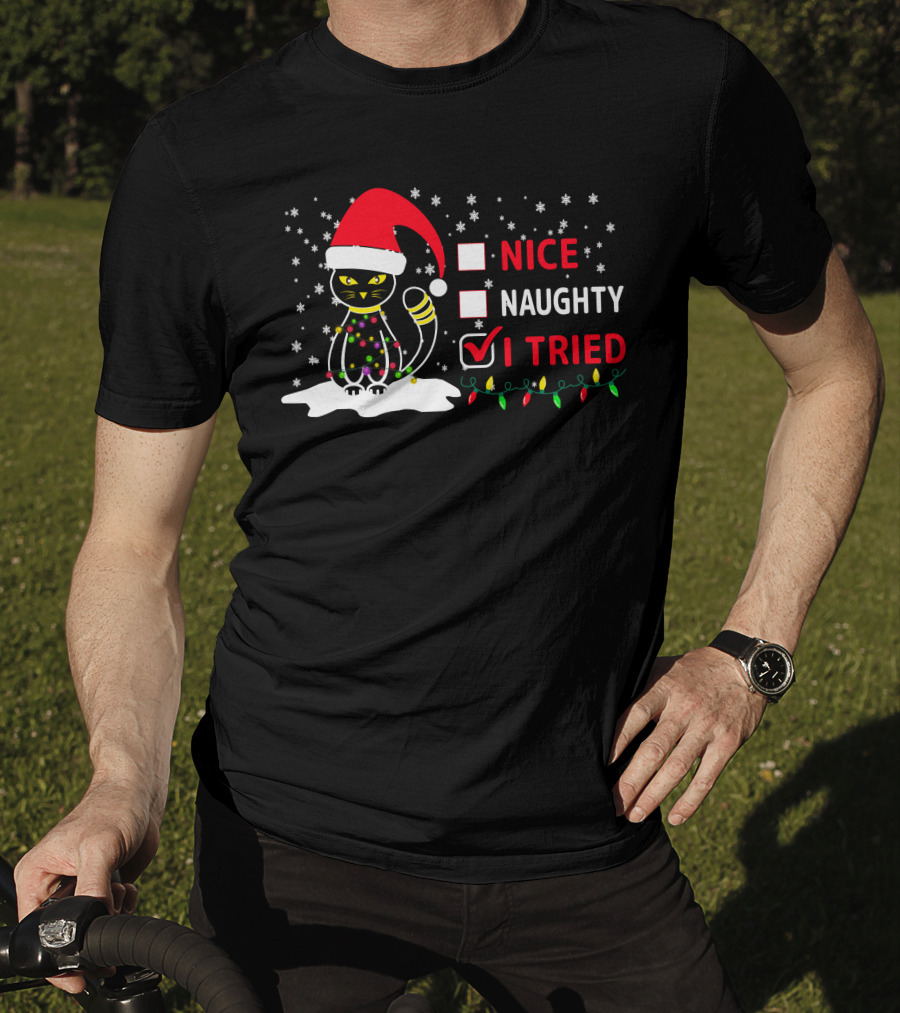 Nice Naughty Tried Christmas Cat Santa Hat Festive Lights T-Shirt