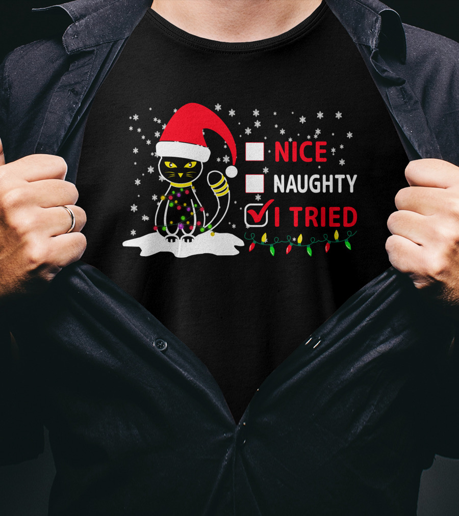 Nice Naughty Tried Christmas Cat Santa Hat Festive Lights T-Shirt