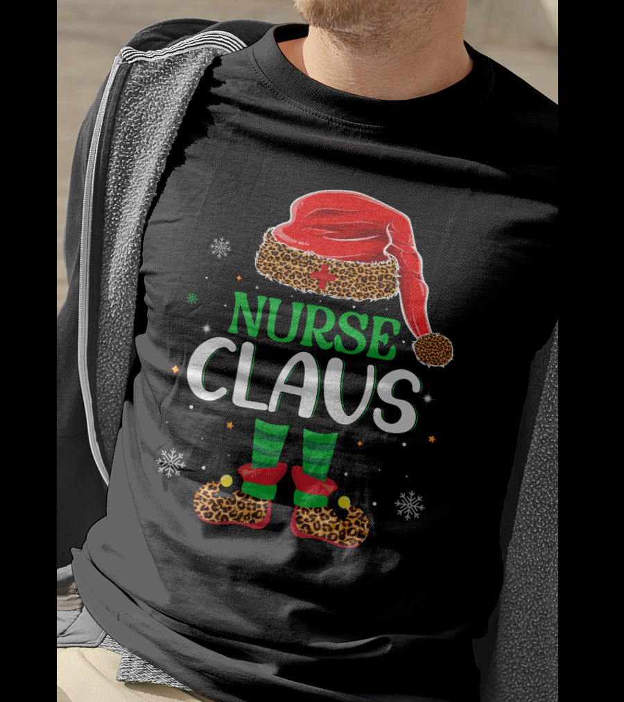 Nurse Claus Christmas Santa Hat Leopard Print Snowflakes T-Shirt