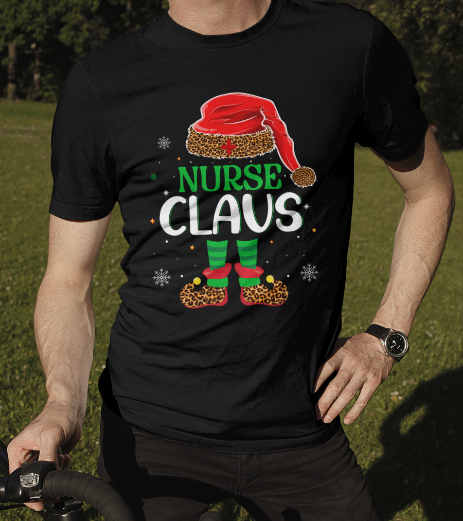 Nurse Claus Christmas Santa Hat Leopard Print Snowflakes T-Shirt