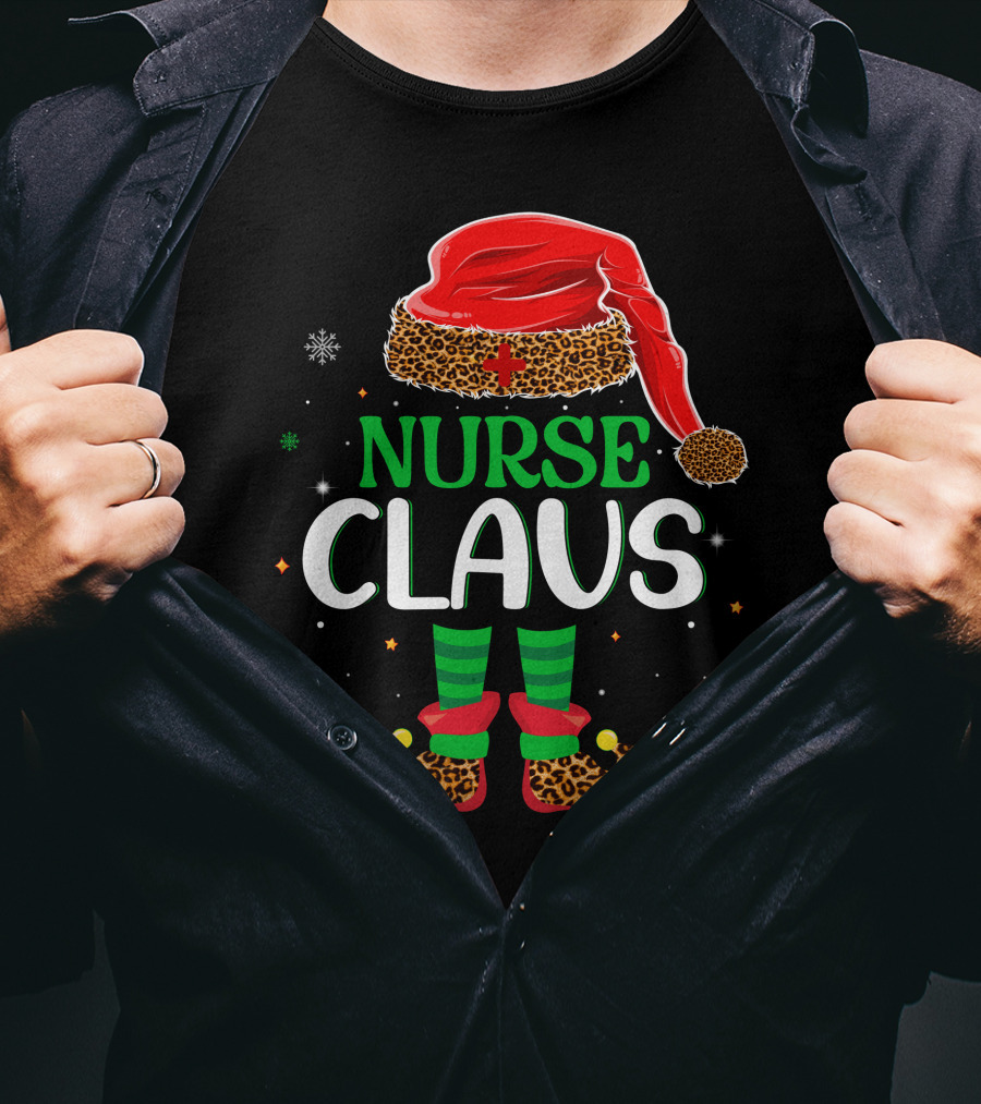 Nurse Claus Christmas Santa Hat Leopard Print Snowflakes T-Shirt