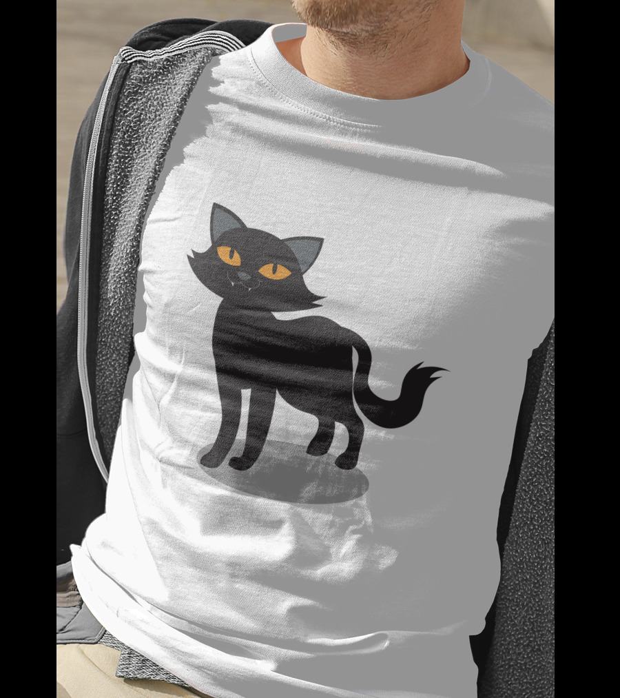 Cartoon Black Cat Illustration With Orange Eyes And Shadow T-Shirt