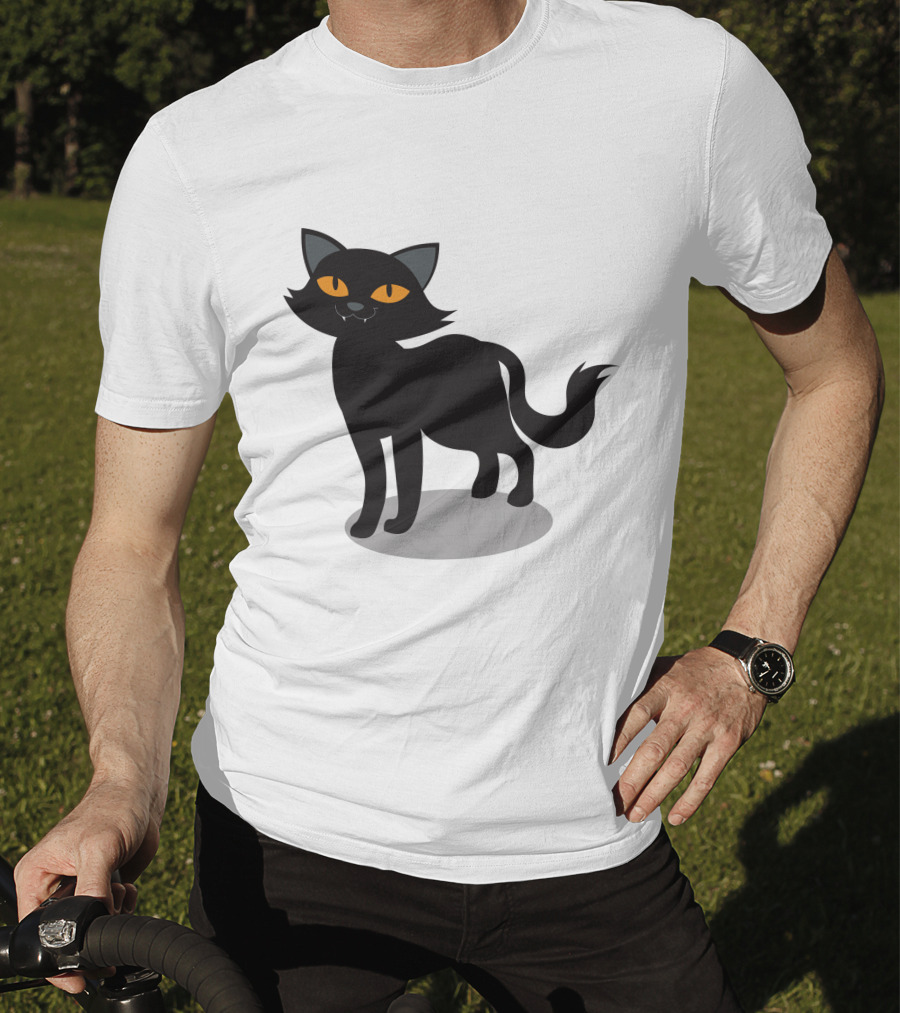 Cartoon Black Cat Illustration With Orange Eyes And Shadow T-Shirt
