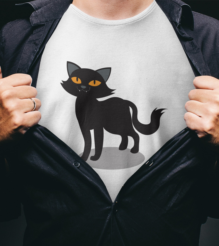 Cartoon Black Cat Illustration With Orange Eyes And Shadow T-Shirt