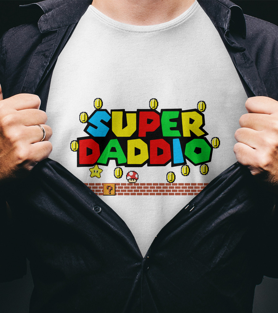 Fathers Day Super Daddio Nintendo Mario Parody Coins Bricks Star T-Shirt