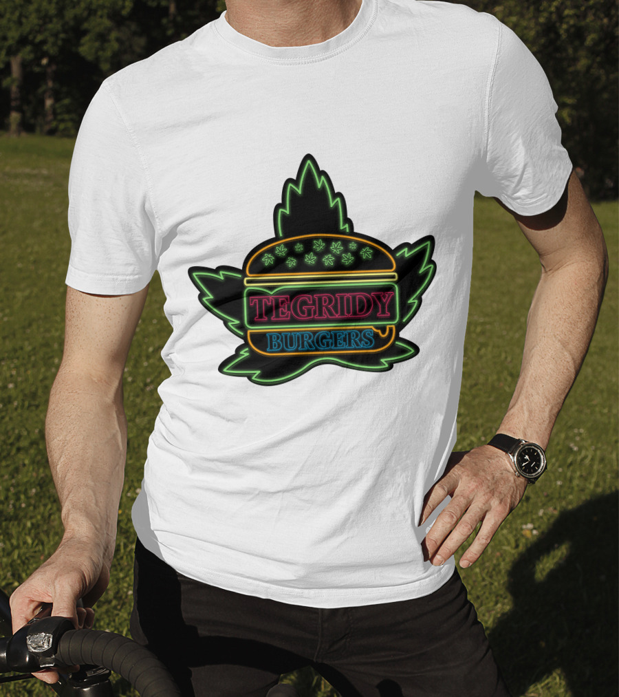 Tegridy Burgers Neon Sign With Leaf And Burger Outline T-Shirt