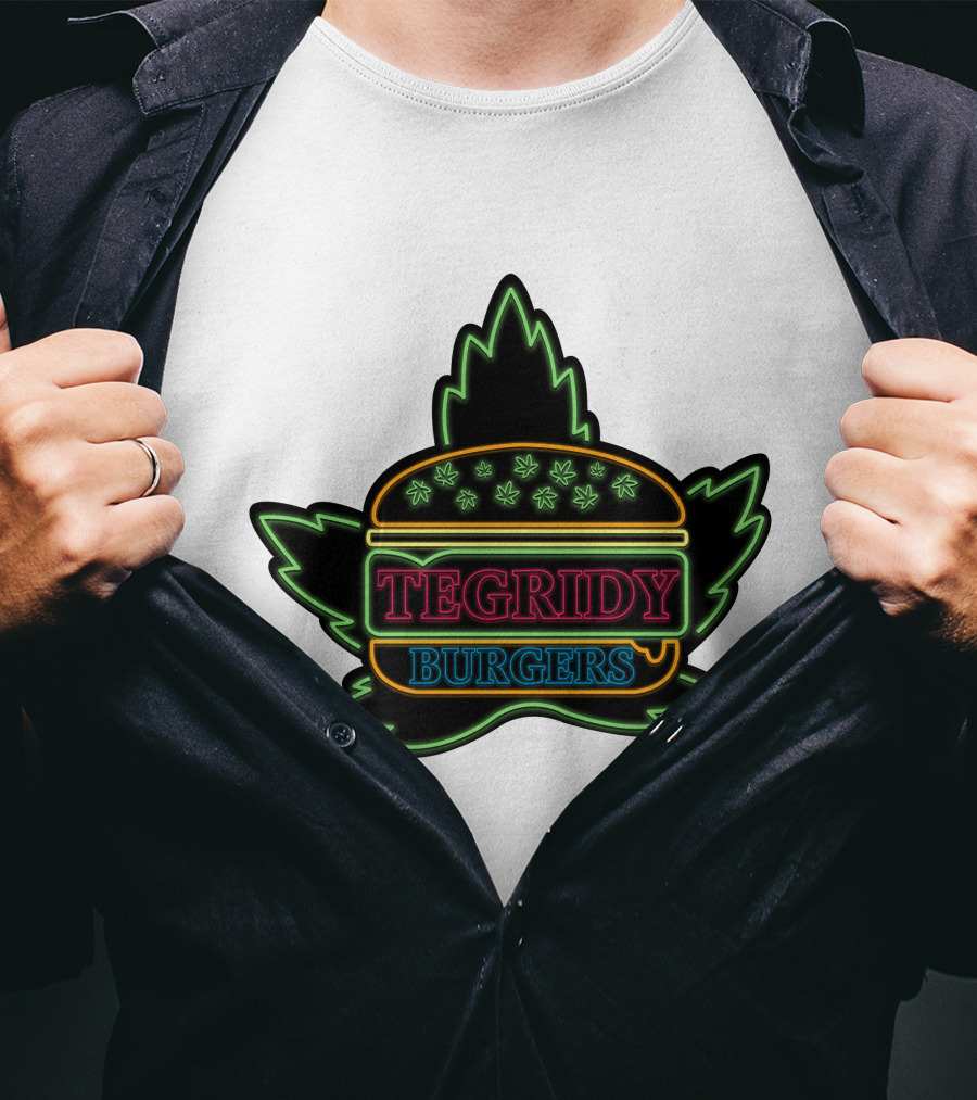 Tegridy Burgers Neon Sign With Leaf And Burger Outline T-Shirt