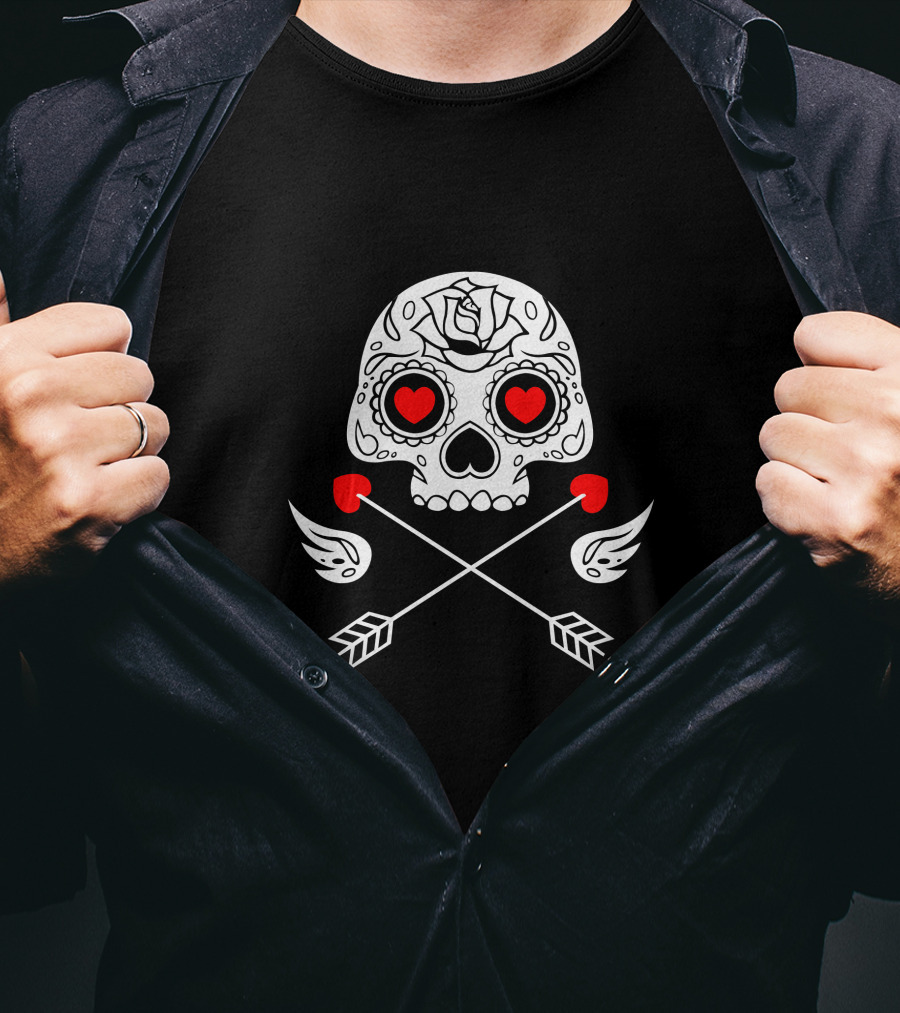Cupido Valentines Day Sugar Skull With Hearts And Arrows T-Shirt