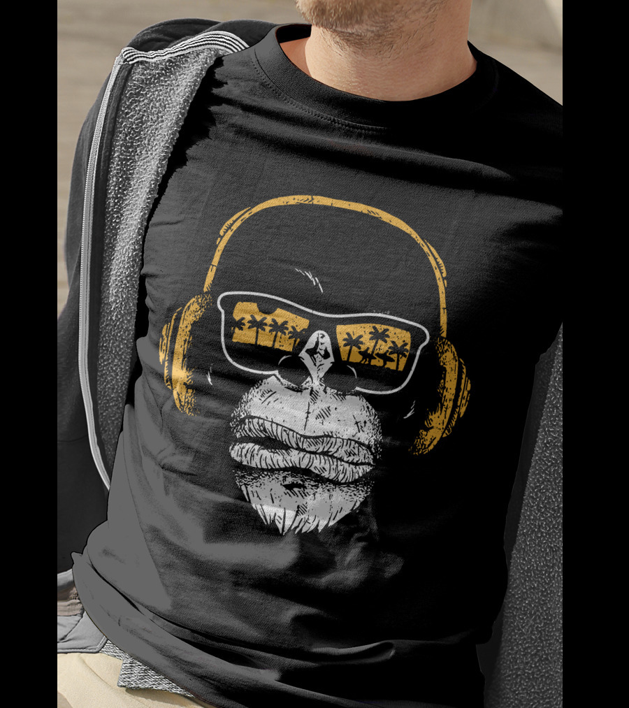 Monkey With DJ Headphones Sunglasses Palm Trees T-Shirt
