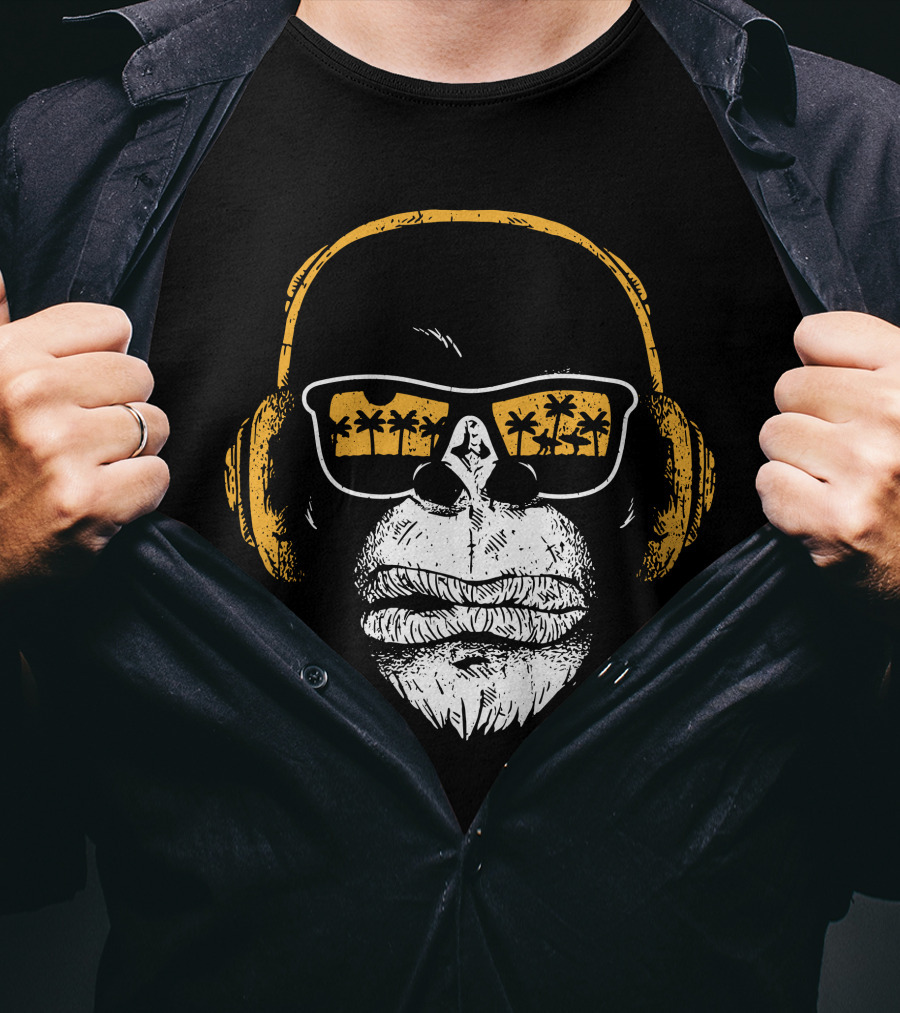 Monkey With DJ Headphones Sunglasses Palm Trees T-Shirt