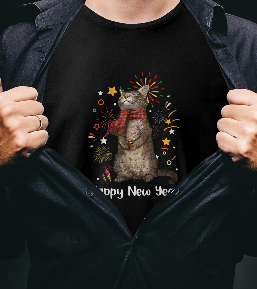 Happy New Year Cat With Fireworks And Stars T-Shirt