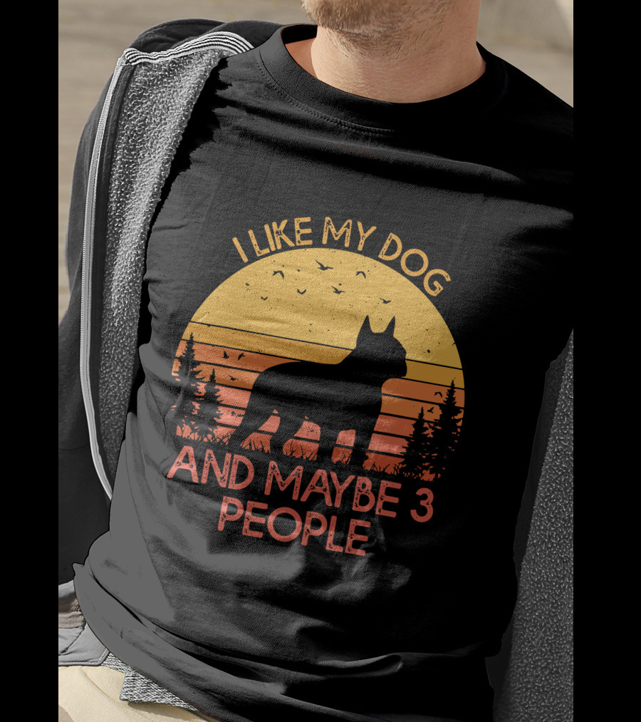 I Like My Dog And Maybe 3 People Sunset Silhouette With Trees And Birds T-Shirt