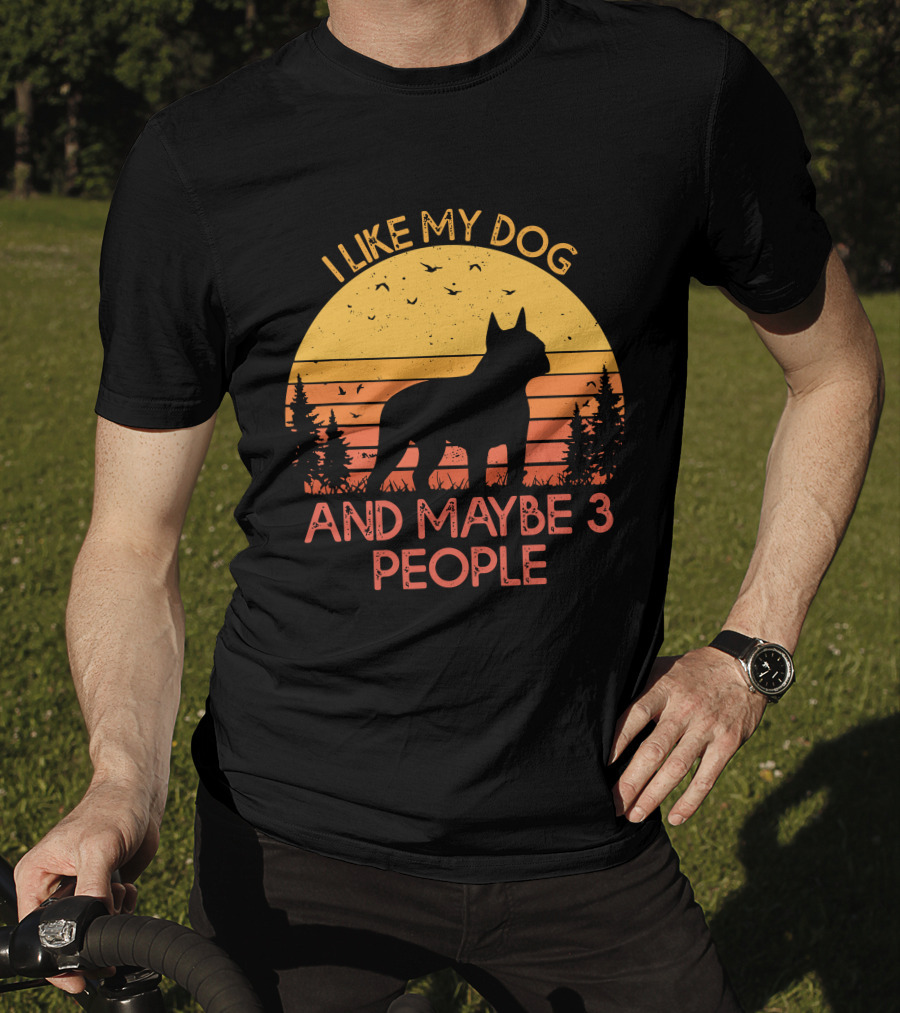 I Like My Dog And Maybe 3 People Sunset Silhouette With Trees And Birds T-Shirt