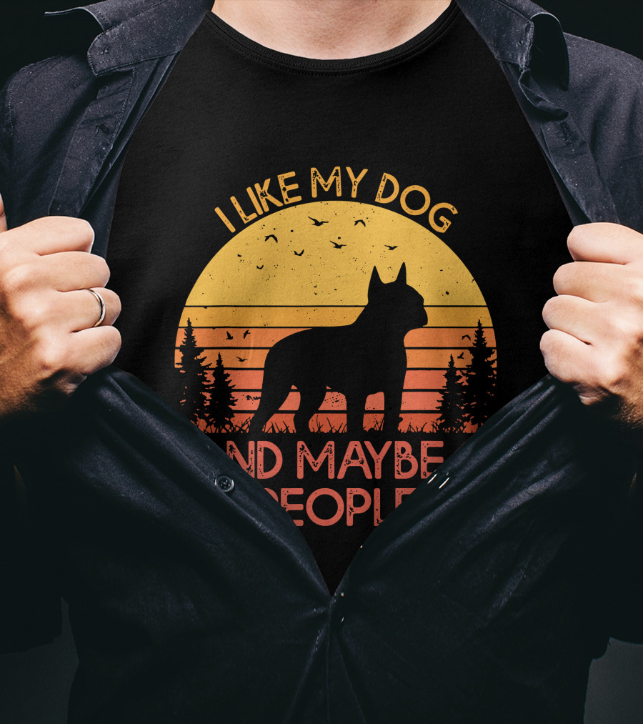I Like My Dog And Maybe 3 People Sunset Silhouette With Trees And Birds T-Shirt