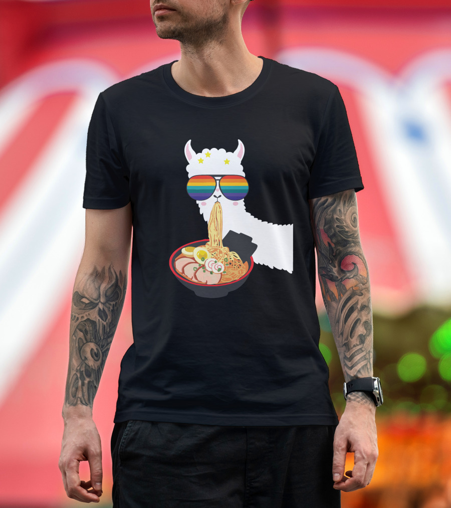 Rainbow Sunglasses LLama Eating Ramen Japanese Anime T-Shirt