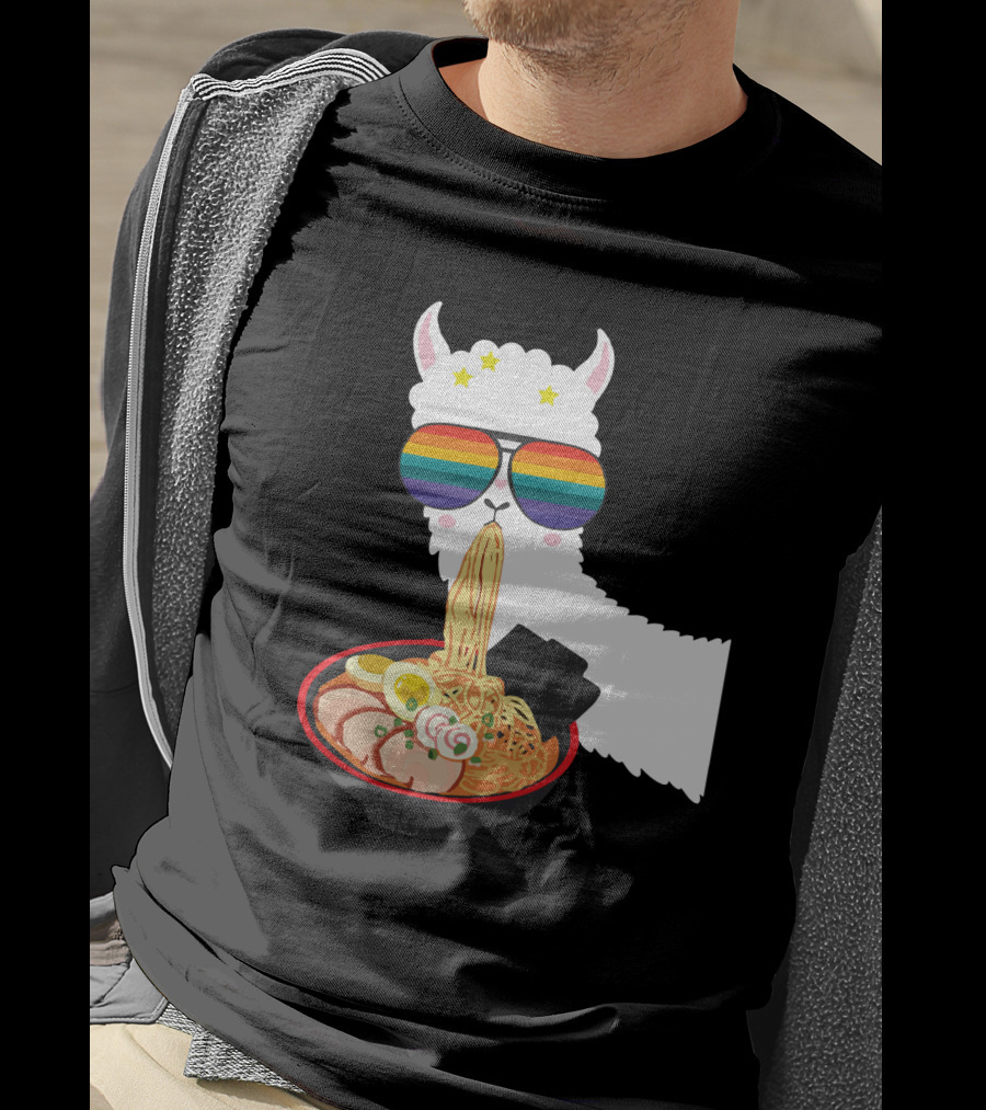 Rainbow Sunglasses LLama Eating Ramen Japanese Anime T-Shirt