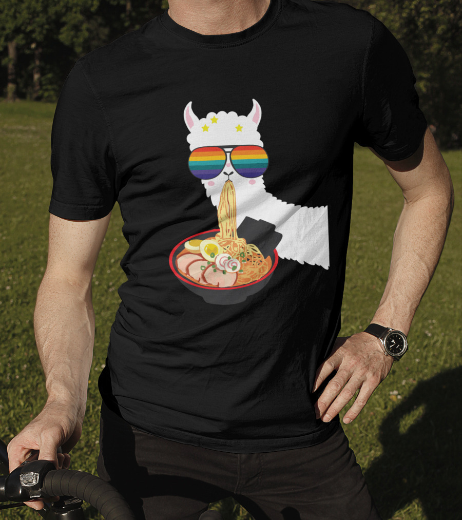 Rainbow Sunglasses LLama Eating Ramen Japanese Anime T-Shirt