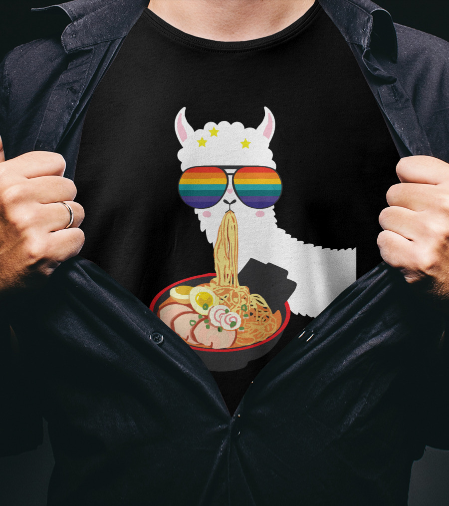 Rainbow Sunglasses LLama Eating Ramen Japanese Anime T-Shirt