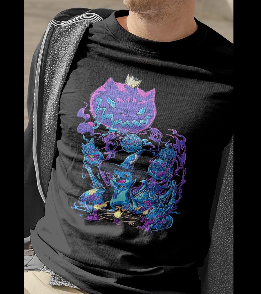 LIRIK HALLOWEEN Cat Wizard With Crown And Glowing Pumpkins T-Shirt
