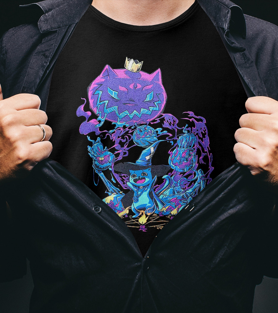 LIRIK HALLOWEEN Cat Wizard With Crown And Glowing Pumpkins T-Shirt