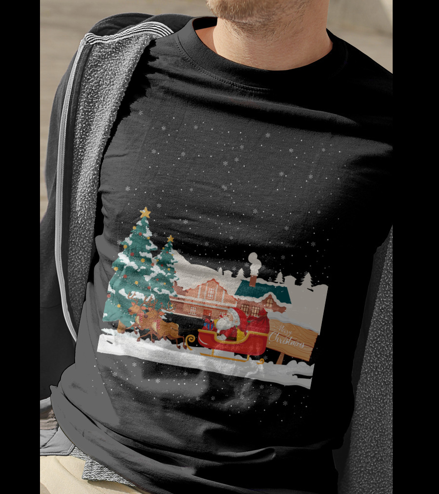 Merry Christmas Santa Claus Reindeer Sleigh Winter Scene T-Shirt