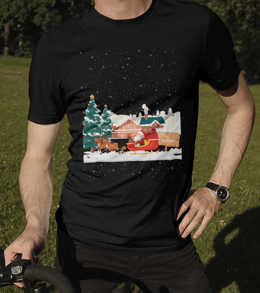 Merry Christmas Santa Claus Reindeer Sleigh Winter Scene T-Shirt