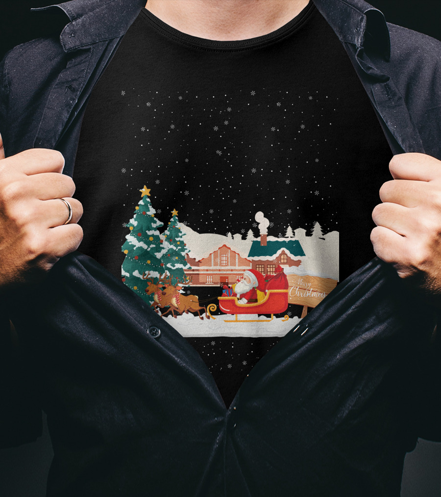 Merry Christmas Santa Claus Reindeer Sleigh Winter Scene T-Shirt