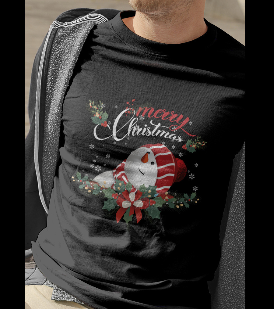 Merry Christmas Snowman With Holly And Snowflakes T-Shirt