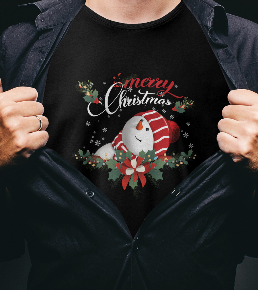 Merry Christmas Snowman With Holly And Snowflakes T-Shirt