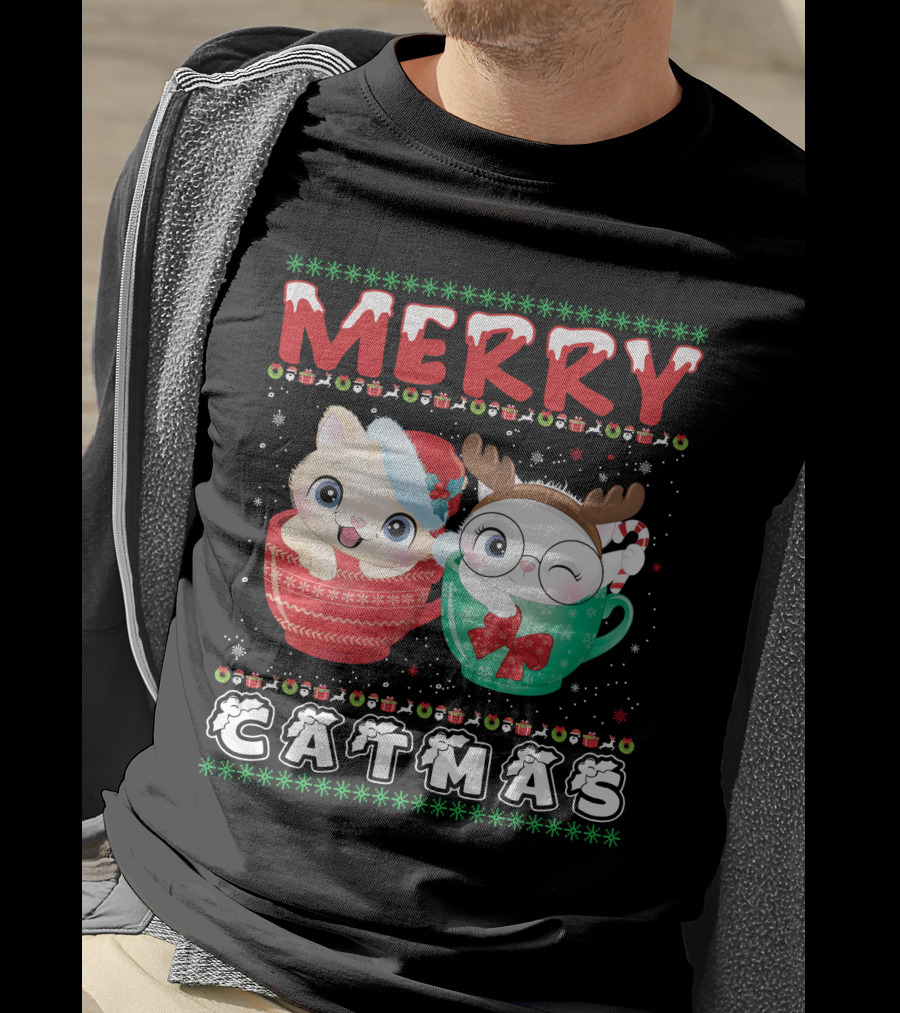 Merry Catmas With Festive Cats In Holiday Mugs T-Shirt
