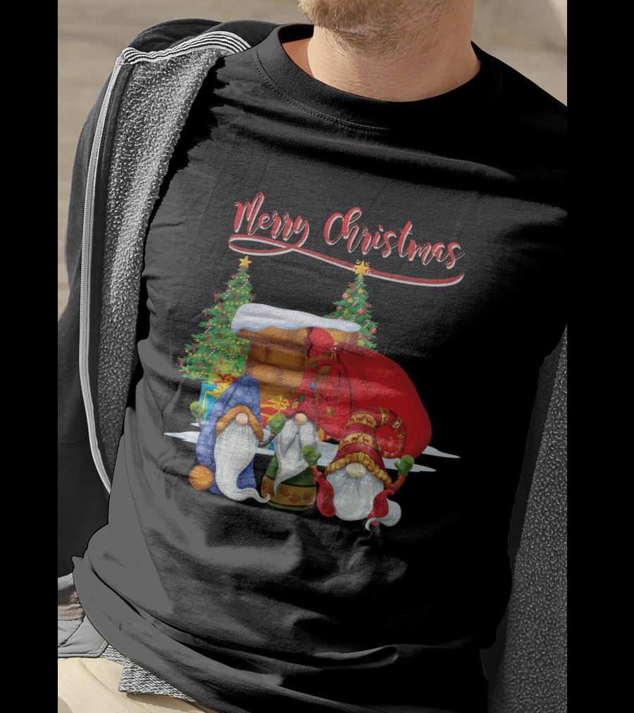 Merry Christmas Funny Gnomes With Santa's Sack And Festive Trees T-Shirt