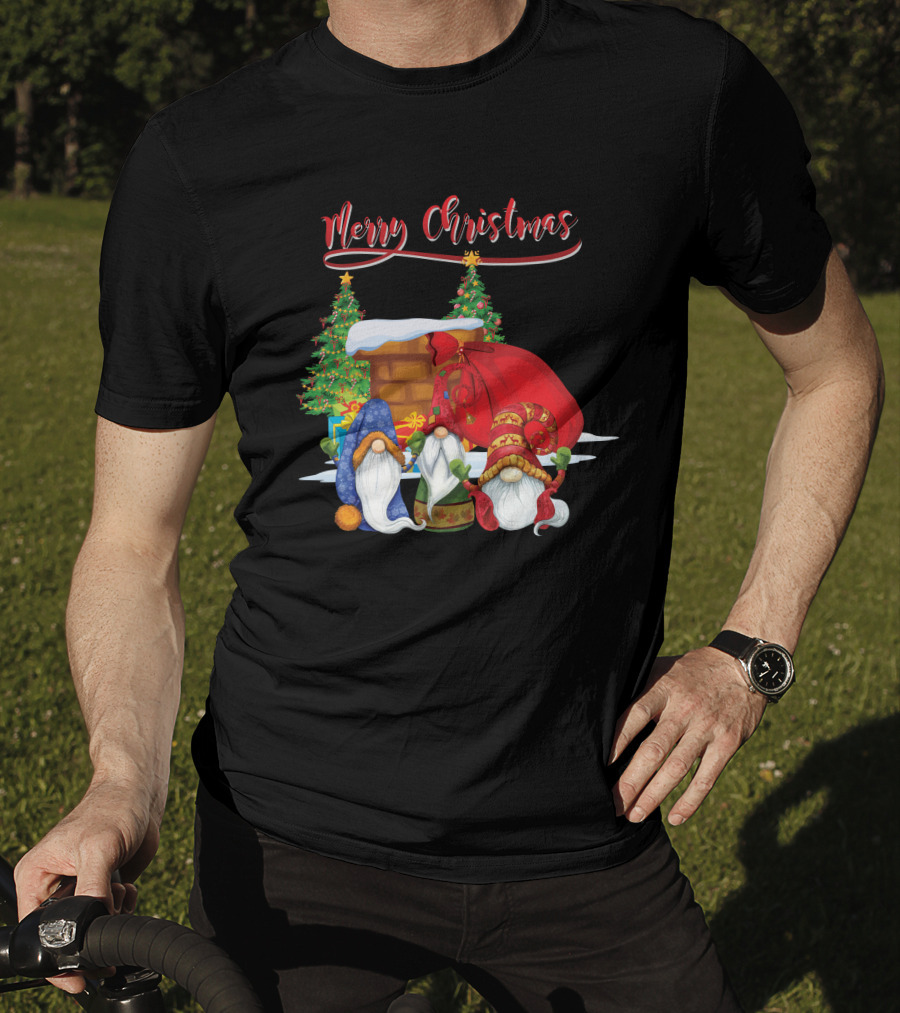Merry Christmas Funny Gnomes With Santa's Sack And Festive Trees T-Shirt