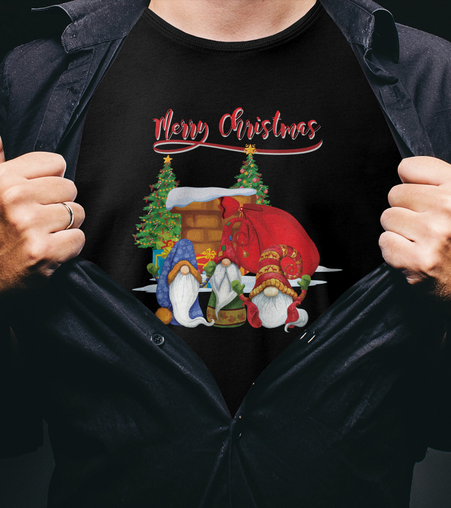Merry Christmas Funny Gnomes With Santa's Sack And Festive Trees T-Shirt